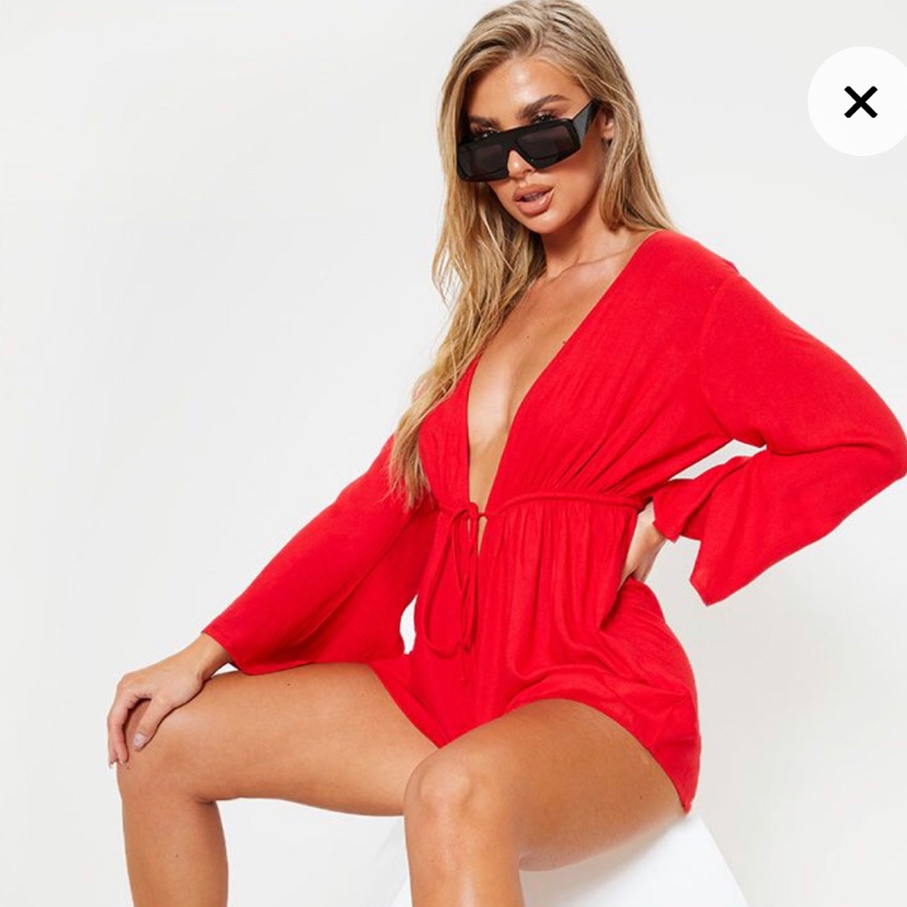 NWT Red Tie Waist Plunge Beach Playsuit